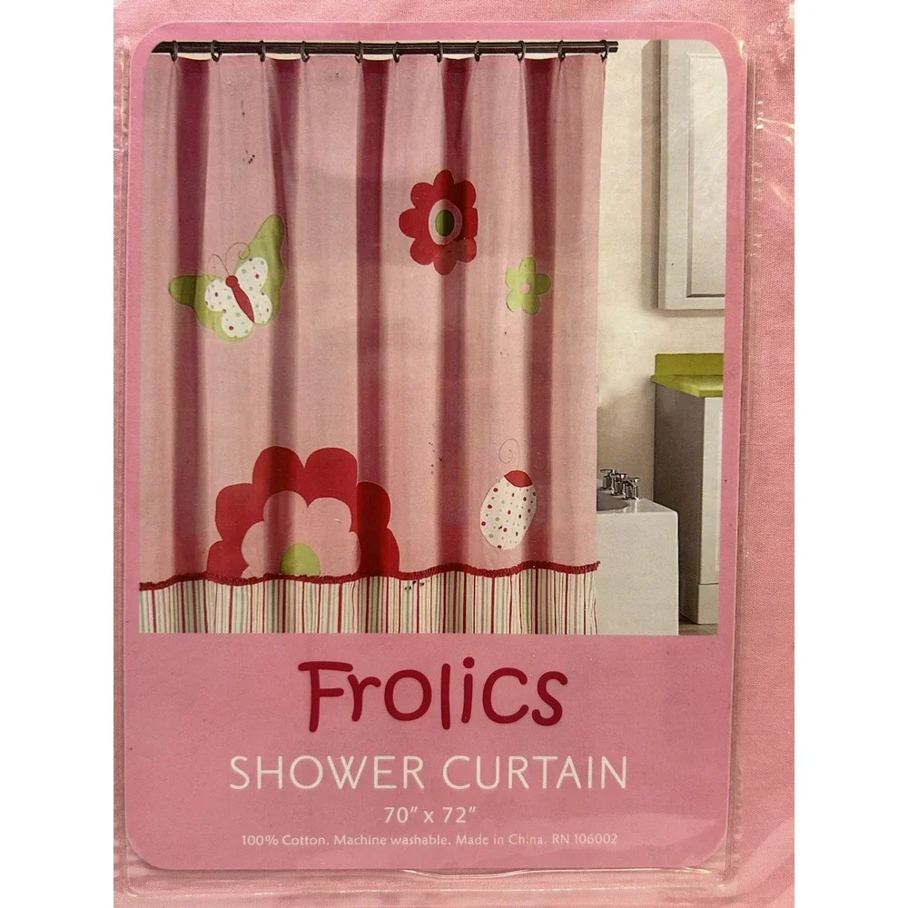 VTG Y2K Frolics Pink Shower Curtain New Butterfly Ladybug Dots Flowers Stripes